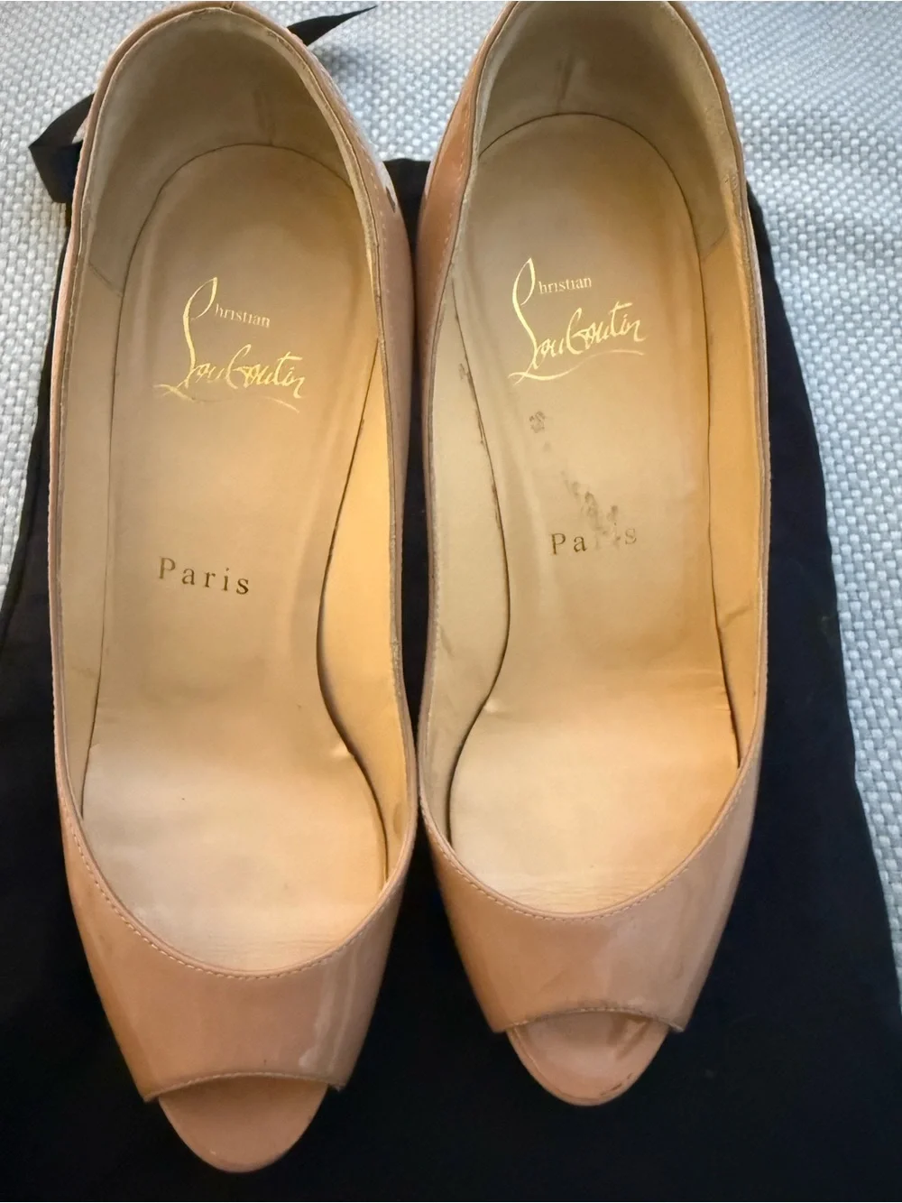 Christian Louboutin Nude Patent Peep-Toe Pumps with Red Sole